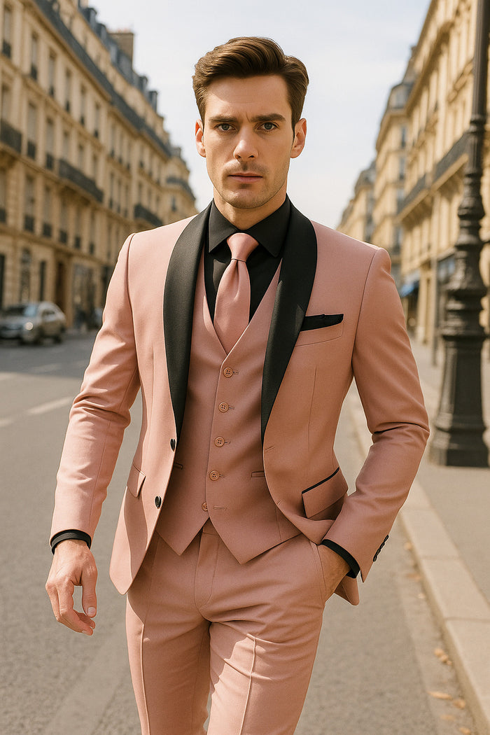 Men's Light Pink 3-Piece Tuxedo Suit with Black Satin Shawl Lapel - Formal Wear - Ultra Slim Fitted in Blush color by USA Men's Outlet