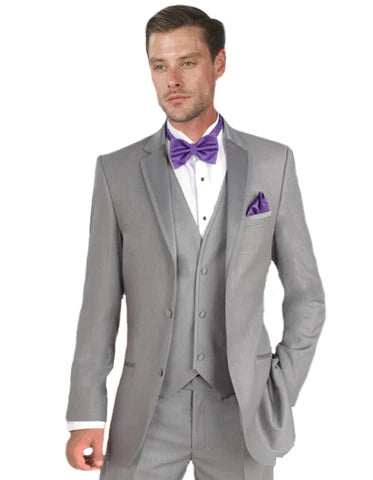 Gray Prom Suit - Mens Vested Satin Trim Wedding Tuxedo in Light Grey