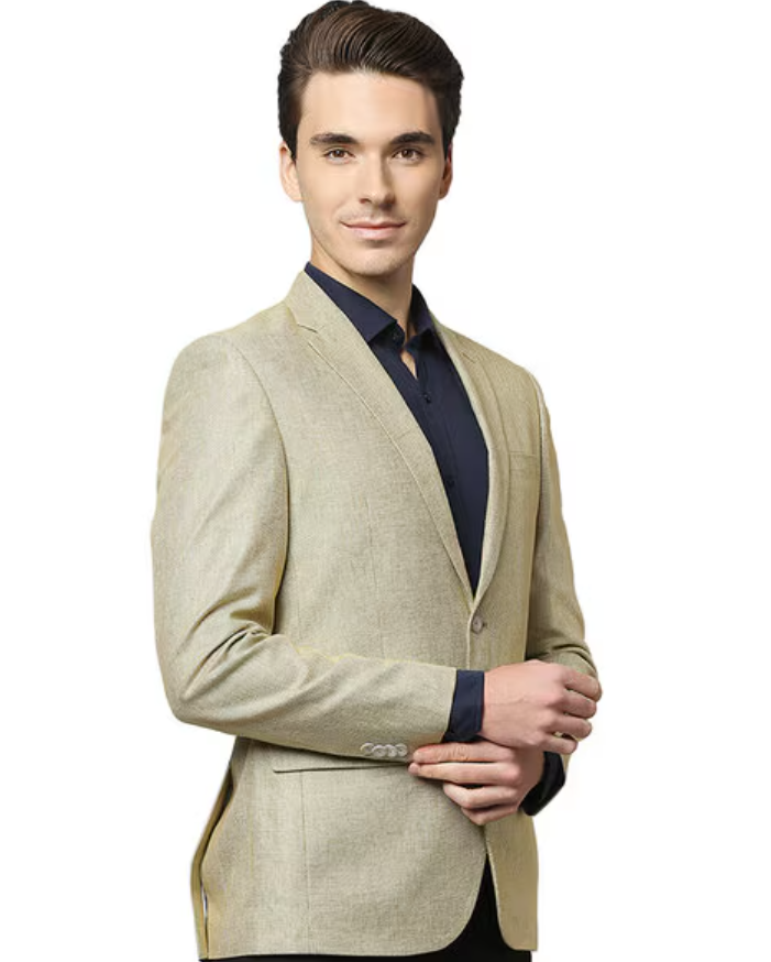 Men's Mustard ~ Khaki ~ Tan ~ Beige ~ Goldish Weave With Tint of Blue Pindot pattern Blazer Sport coat mensusa