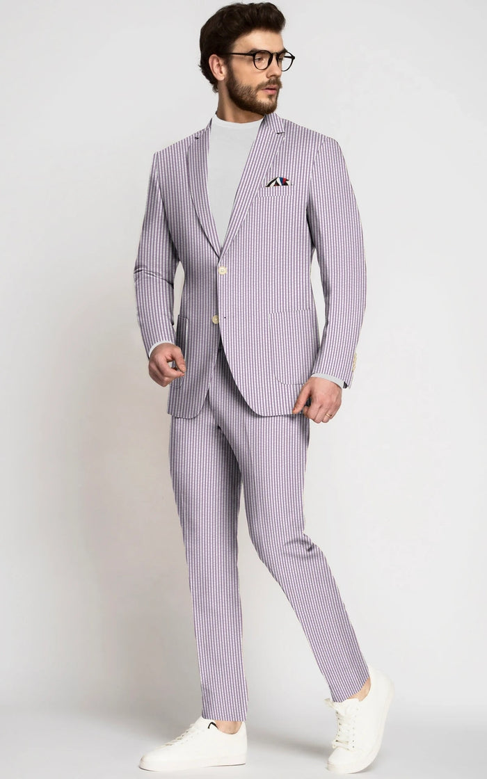 Mens Lavender Seersucker Suit Blazer + Pants Cotton Fabric - Summer Fabric by USA Men's Outlet