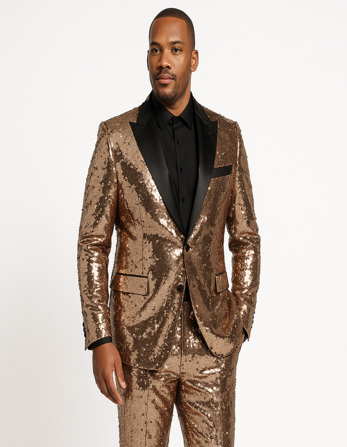 Men's Rose Gold Sequin Tuxedo Suit with Black Satin Lapel - Luxury Slim Fit Blazer for Parties and Events by USA Men's Outlet