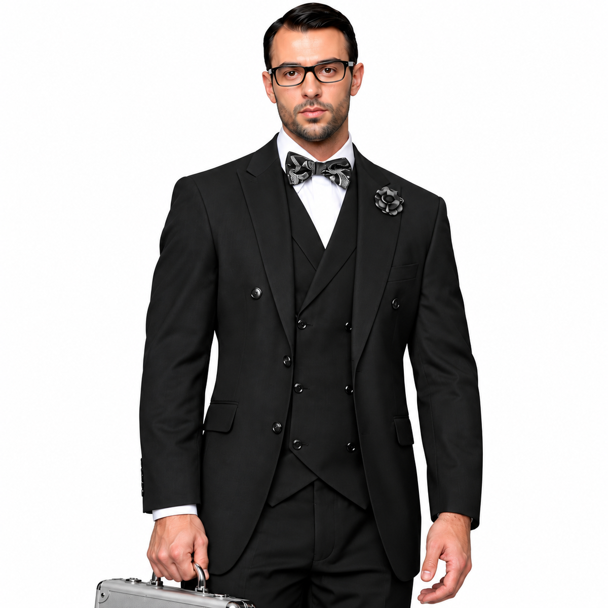 Men’s 3 Piece Classic Fit Suit with Double-Breasted Vest and Pleated Pants - Black