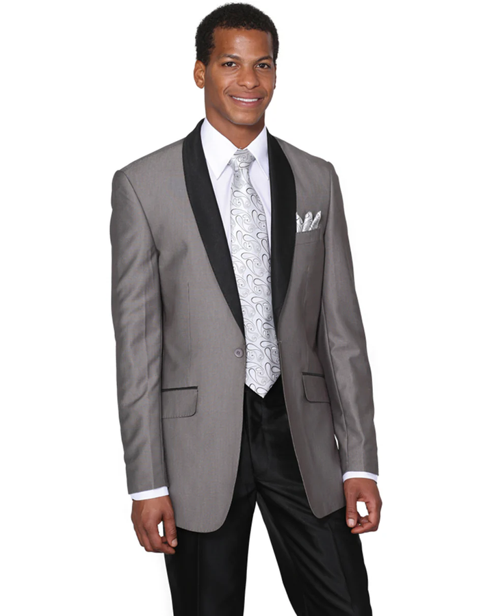 Gray Prom Suit - Mens 1 Button Grey Shawl Tuxedo with Black Pants