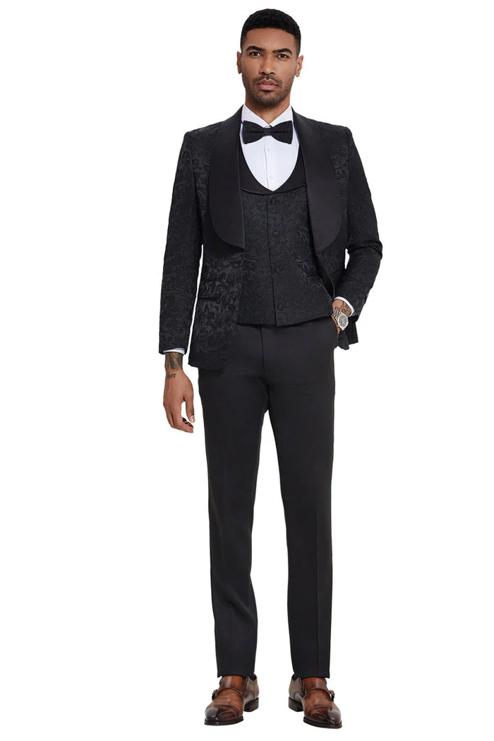 Mens Designer Wedding & Prom Shawl Lapel Vested Paisley Tuxedo in Black by USA Men's Outlet