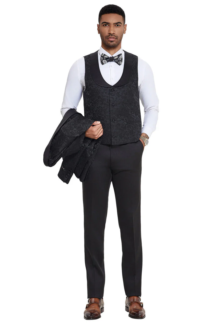 Mens Designer Wedding & Prom Shawl Lapel Vested Paisley Tuxedo in Black by USA Men's Outlet