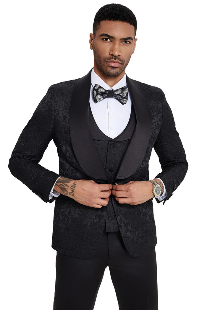 Mens Designer Wedding & Prom Shawl Lapel Vested Paisley Tuxedo in Black by USA Men's Outlet