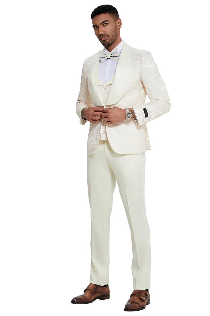 Mens Designer Wedding & Prom Shawl Lapel Vested Paisley Tuxedo in Ivory by USA Men's Outlet