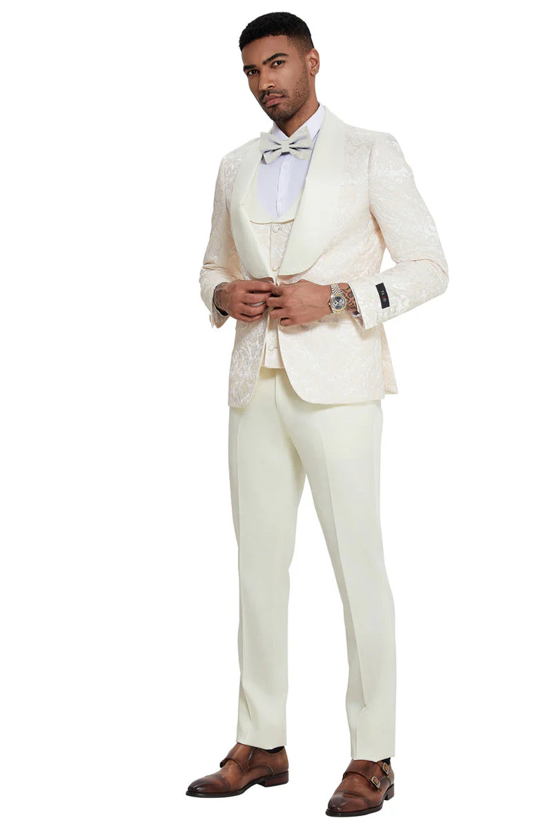 Mens Designer Wedding & Prom Shawl Lapel Vested Paisley Tuxedo in Ivory – SuitUSA