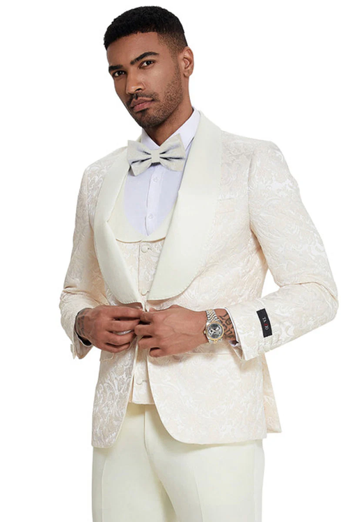 Mens Designer Wedding & Prom Shawl Lapel Vested Paisley Tuxedo in Ivory