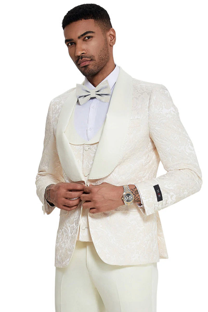 Mens Designer Wedding & Prom Shawl Lapel Vested Paisley Tuxedo in Ivory by USA Men's Outlet