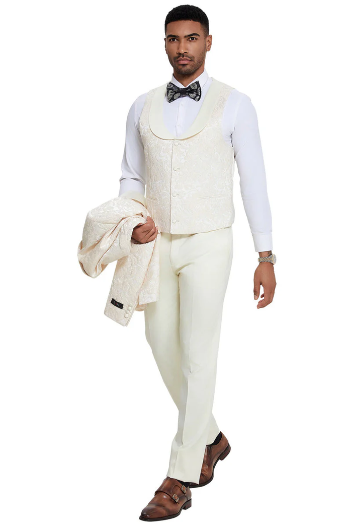 Mens Designer Wedding & Prom Shawl Lapel Vested Paisley Tuxedo in Ivory by USA Men's Outlet