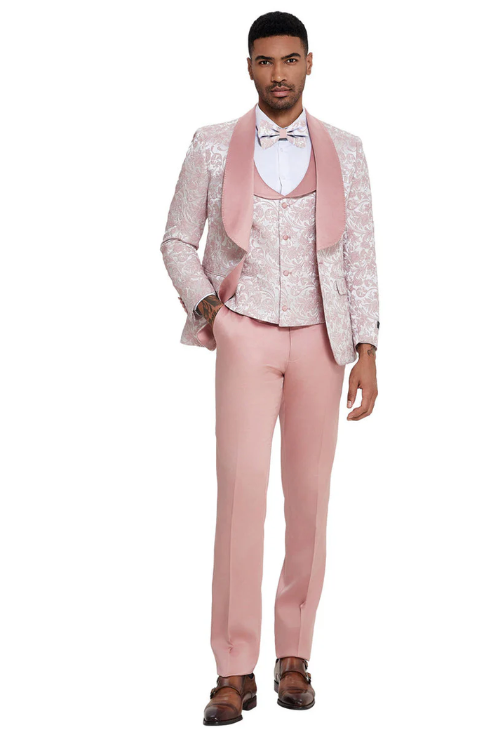 Mens Designer Wedding Prom Shawl Lapel Vested Paisley Tuxedo in Pink by USA Men's Outlet