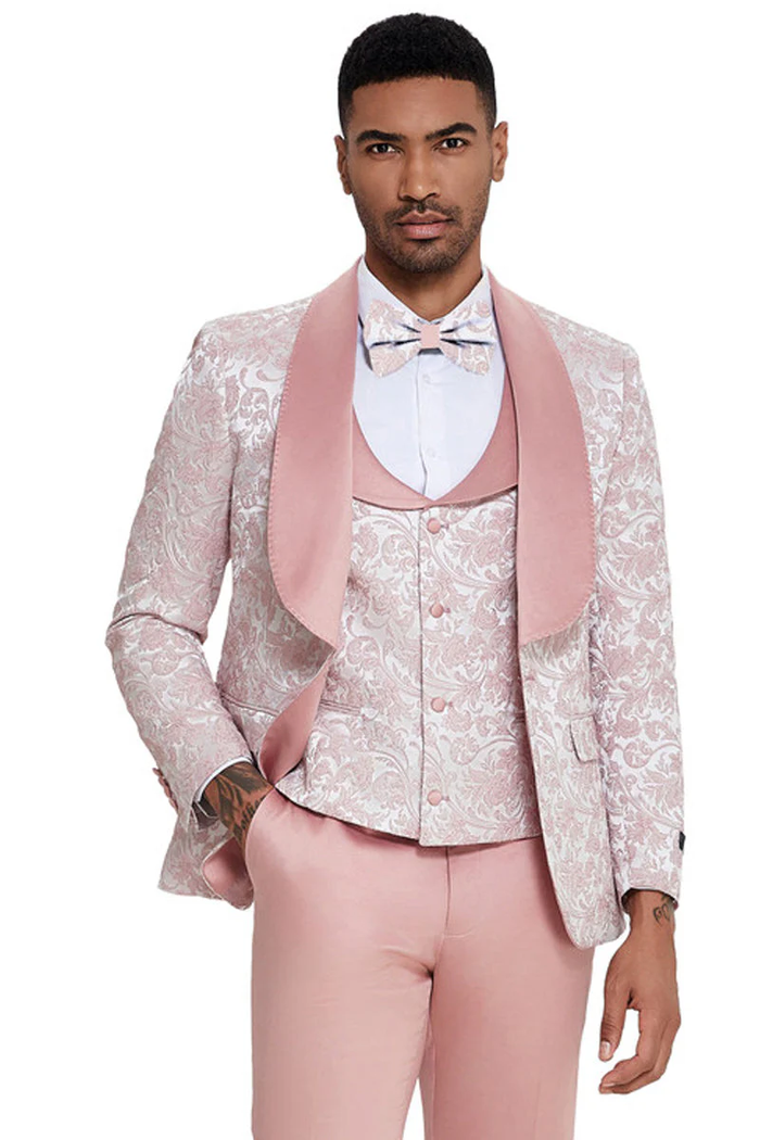 Mens Designer Wedding Prom Shawl Lapel Vested Paisley Tuxedo in Pink by USA Men's Outlet
