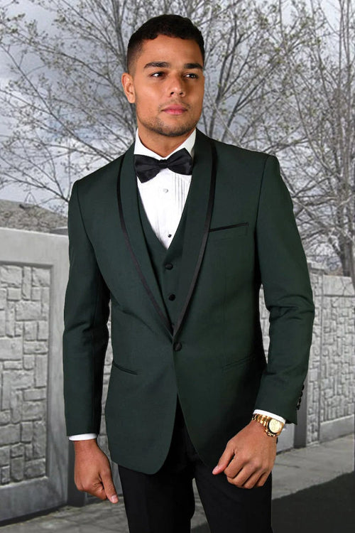 Green Prom Suit For Men - Men's Designer Vested Satin Trim Shawl Wedding & Prom Hunter Green Tuxedo