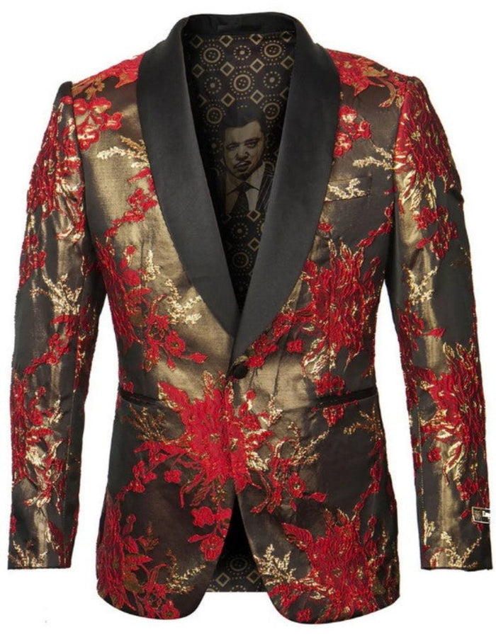 Mens Shawl Label Shiny Satin Paisley Prom Tuxedo Jacket in Red and Gold by Men's Tuxedo USA