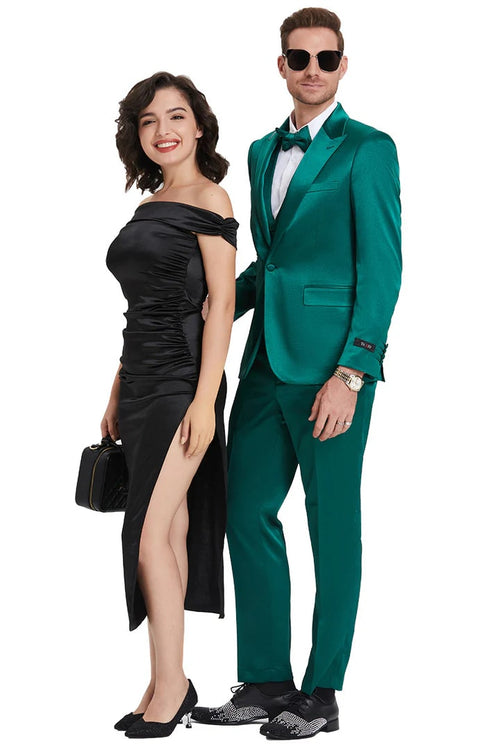 Emerald Green Prom Suit - Green homecoming suits - Men's One Button Vested Shiny Satin Sharkskin Prom and Wedding Emerald Green Party Suit Emerald Green Prom Dress