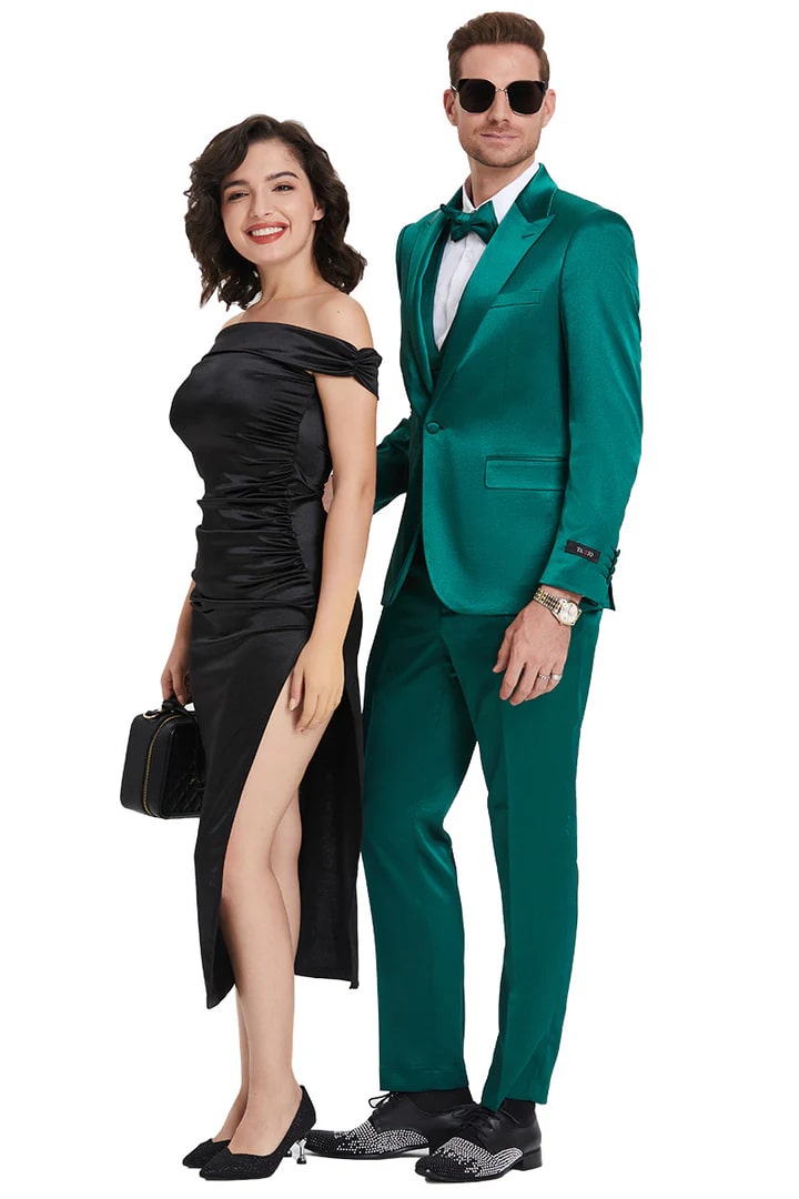 Emerald Green Prom Suit - Green homecoming suits - Men's One Button Vested Shiny Satin Sharkskin Prom and Wedding Emerald Green Party Suit