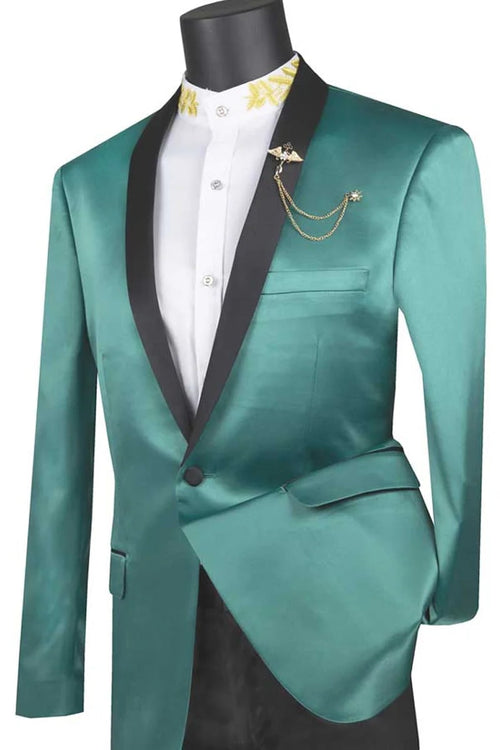 Green Prom Suit For Men - Mens Slim Fit One Button Shiny Satin Teal Green Tuxedo