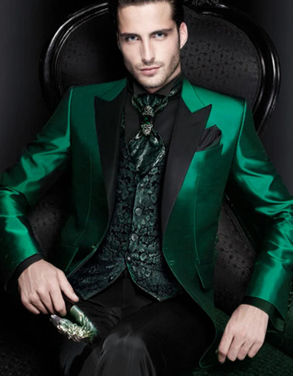 Men Shiny Satin Wedding Suits 2 Pieces Emerald Green Tuxedos Jacket by TuxedoUSA
