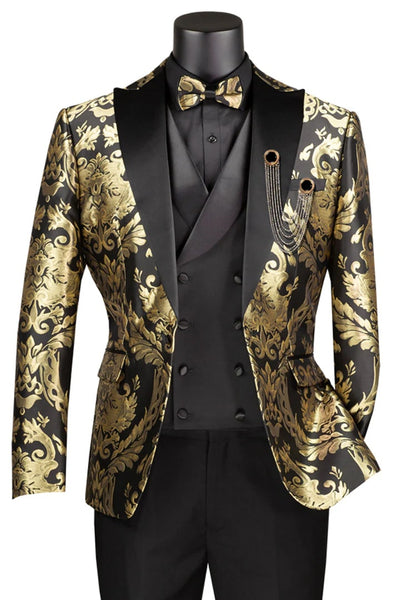 Black Prom Suit - Men's Shiny Paisley Jacquard Vested Wedding Black and Gold Prom Tuxedo