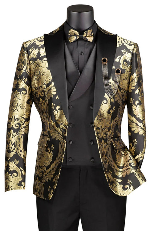 Black Prom Suit - Men's Shiny Paisley Jacquard Vested Wedding Black and Gold Prom Tuxedo
