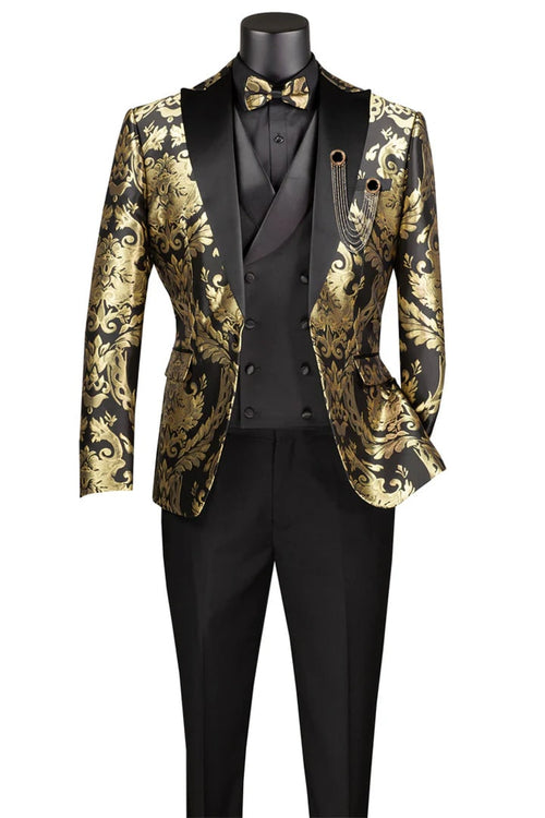 Black Prom Suit - Men's Shiny Paisley Jacquard Vested Wedding Black and Gold Prom Tuxedo