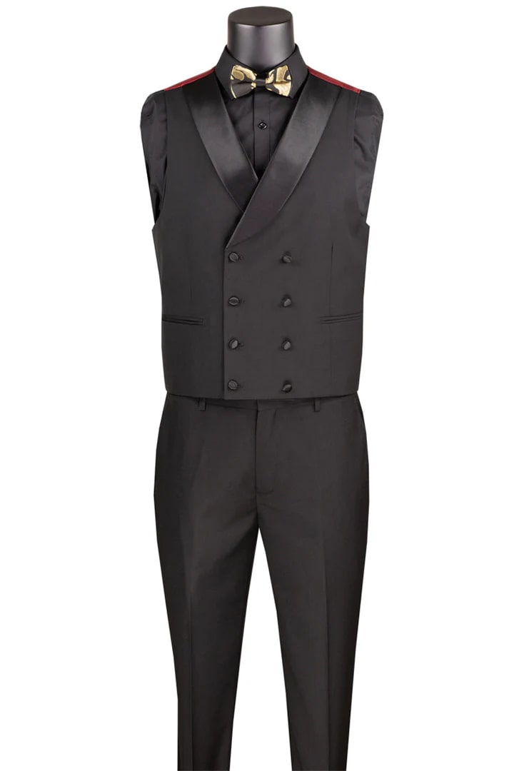 Black Prom Suit - Men's Shiny Paisley Jacquard Vested Wedding Black and Gold Prom Tuxedo