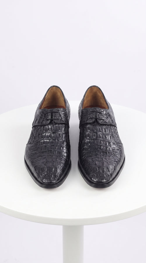 Men’s Navy Exotic Leather Loafers, Alligator Texture Formal Dress Shoes