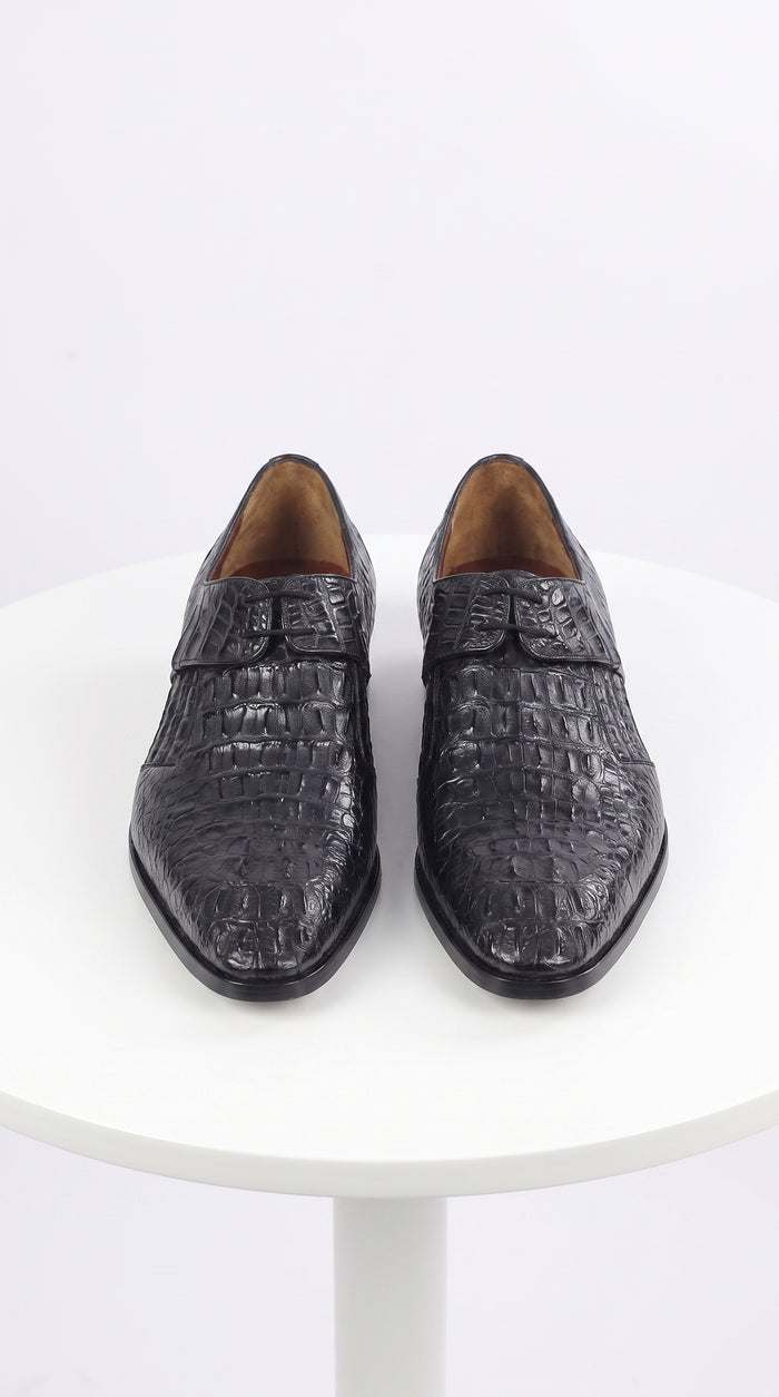 Men’s Navy Exotic Leather Loafers, Alligator Texture Formal Dress Shoes