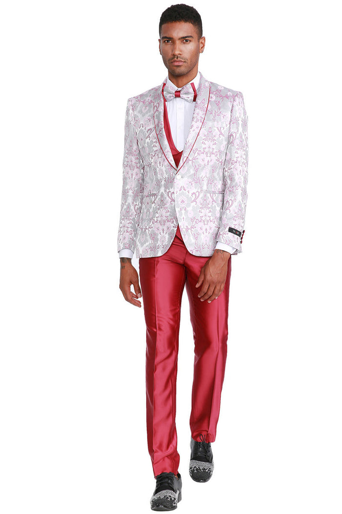 Floral Print Men's Tuxedo with Satin Vest - Pink One Button Wedding & Prom Suit by Tazzio