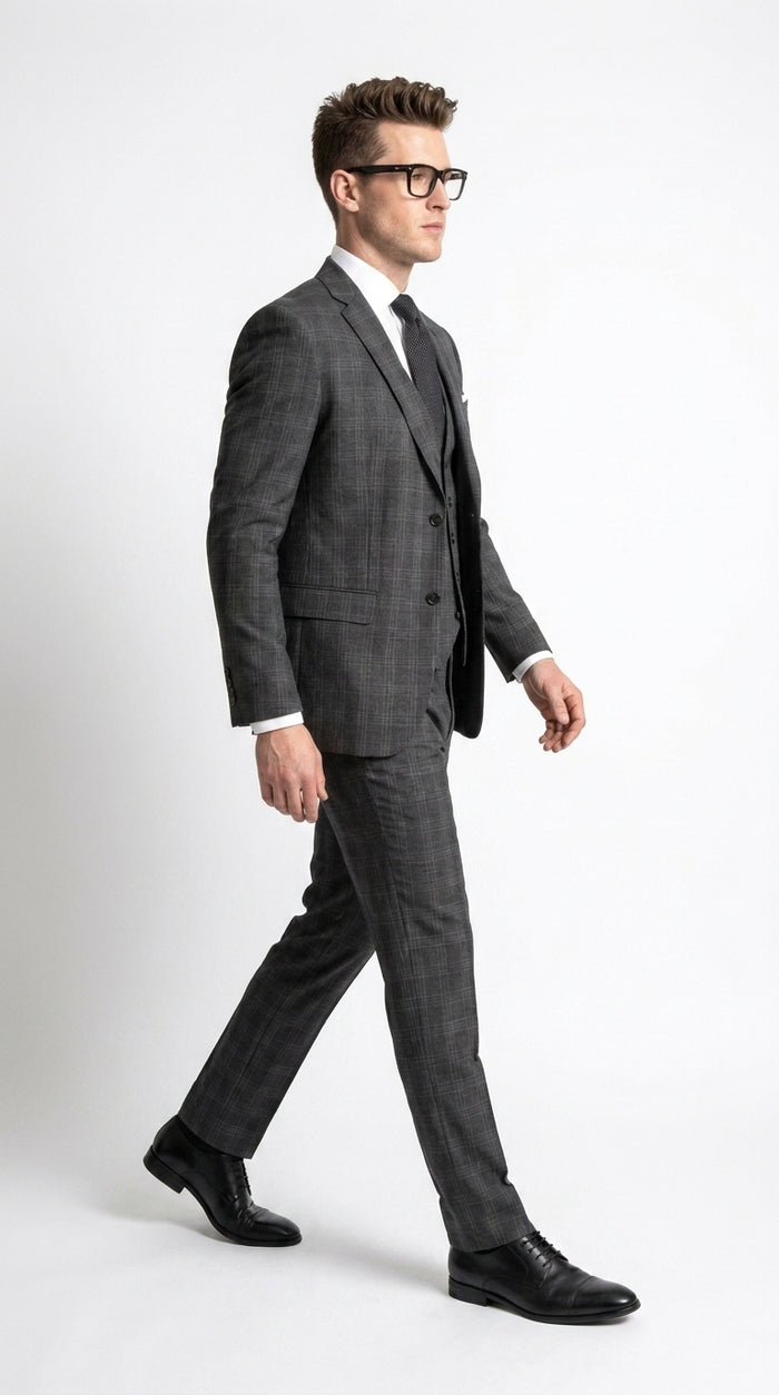 Men’s Charcoal Grey Windowpane Plaid 3-Piece Suit – Two-Button Jacket with Matching Vest and Pants