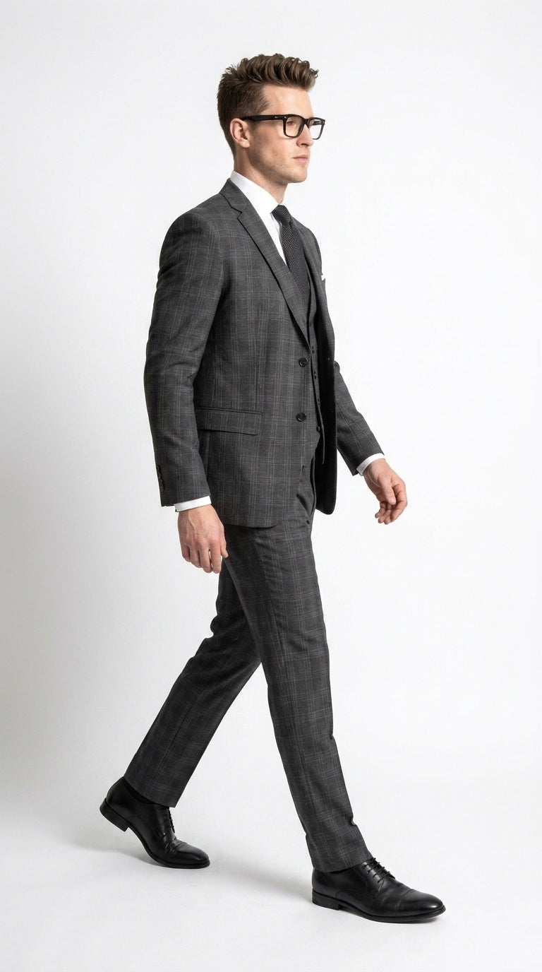 Men’s Charcoal Grey Windowpane Plaid 3-Piece Suit – Two-Button Jacket with Matching Vest and Pants