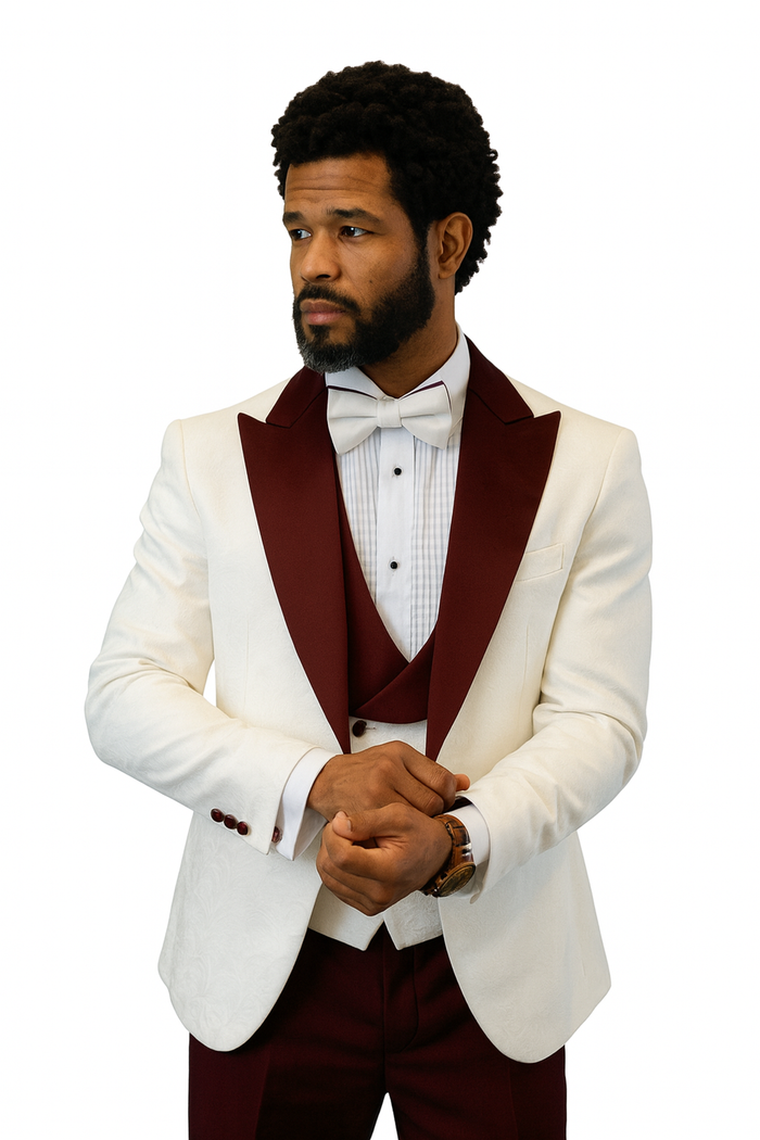 Hilton White and Burgundy Paisley Peak Lapel Tuxedo Jacket with Matching Shawl Vest and Wool Pants - Includes Bow Tie by USA Men's Outlet