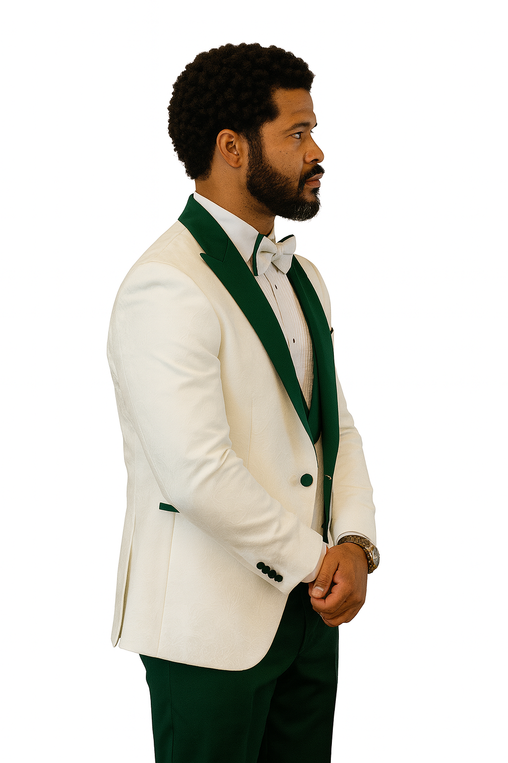 Hilton White and Hunter Green Paisley Peak Lapel Tuxedo Jacket with Matching Shawl Vest and Wool Pants - Includes Bow Tie by USA Men's Outlet