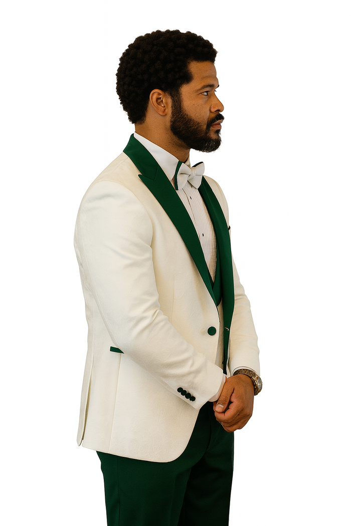 Hilton White and Hunter Green Paisley Peak Lapel Tuxedo Jacket with Matching Shawl Vest and Wool Pants - Includes Bow Tie by USA Men's Outlet