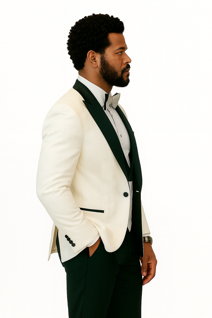 Hilton White and Black Paisley Peak Lapel Tuxedo Jacket with Matching Shawl Vest and Wool Pants - Includes Bow Tie by USA Men's Outlet