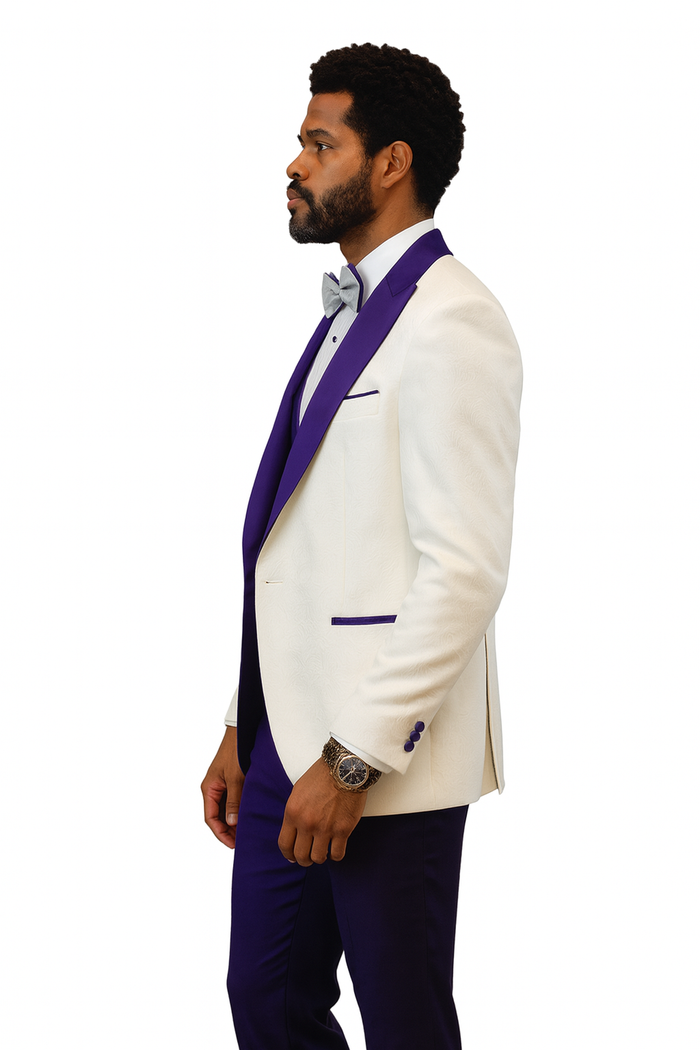 Hilton White and Purple Paisley Peak Lapel Tuxedo Jacket with Matching Shawl Vest and Wool Pants - Includes Bow Tie by USA Men's Outlet