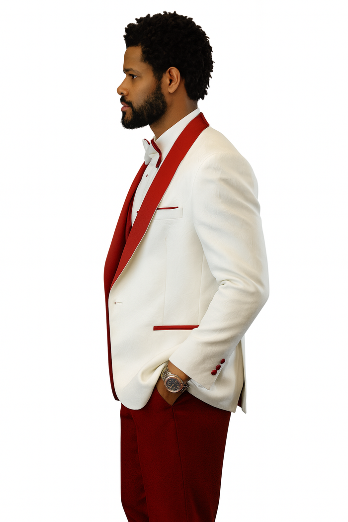 Hilton White and Red Paisley Peak Lapel Tuxedo Jacket with Matching Shawl Vest and Wool Pants - Includes Bow Tie by USA Men's Outlet