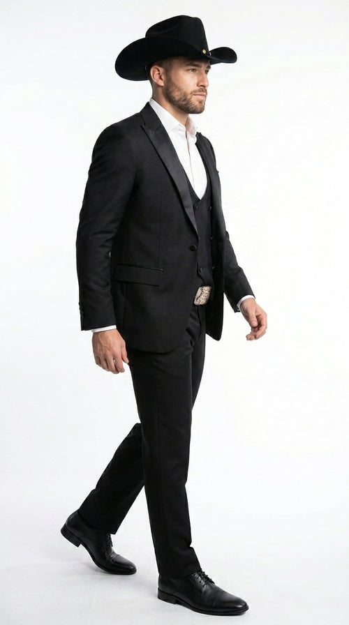 Men’s Black Western Tuxedo Suit with Satin Shawl Lapel Blazer and Double Breasted Vest