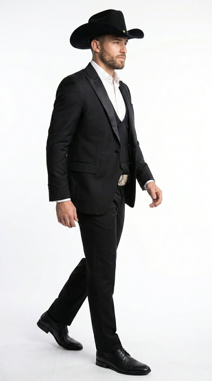 Men’s Black Western Tuxedo Suit with Satin Shawl Lapel Blazer and Double Breasted Vest