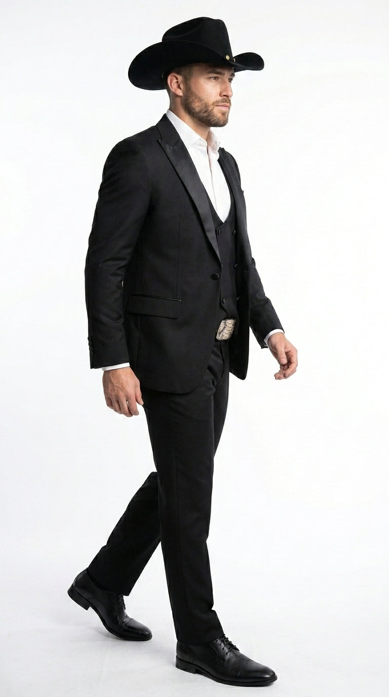 Men’s Black Western Tuxedo Suit with Satin Shawl Lapel Blazer and Double Breasted Vest
