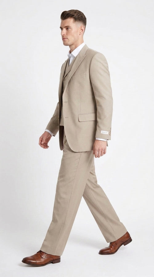 Tiglio Rosso Men’s Tan 3-Piece Italian Wool Suit – Classic Fit Peak Lapel Suit with Double-Breasted Vest and Pleated Wide-Leg Pants