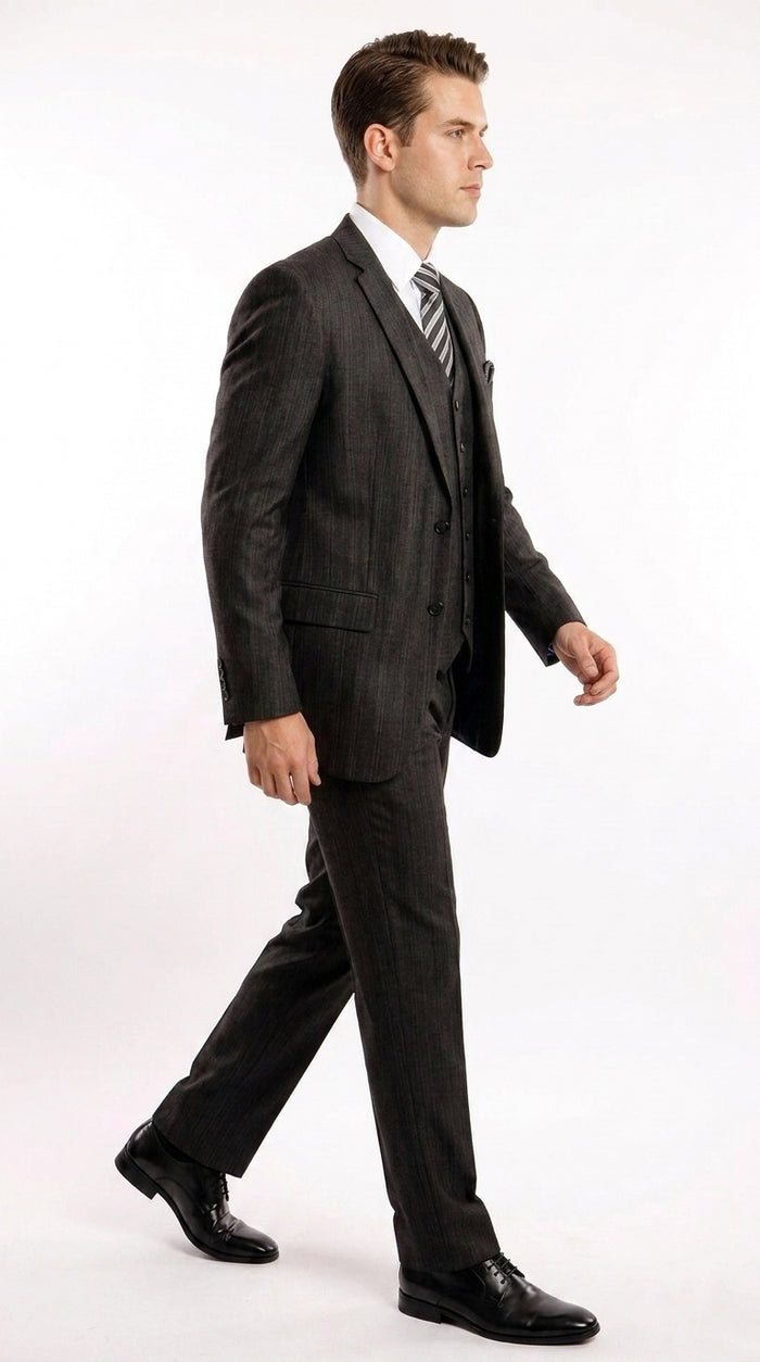 Men’s Classic Black Sharkskin 3-Piece Business Suit – Vested Wedding, Church and Formal Suit