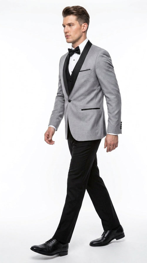 Men’s Grey and Black 3-Piece Prom Tuxedo – Vested Wedding Suit with Black Shawl Lapel