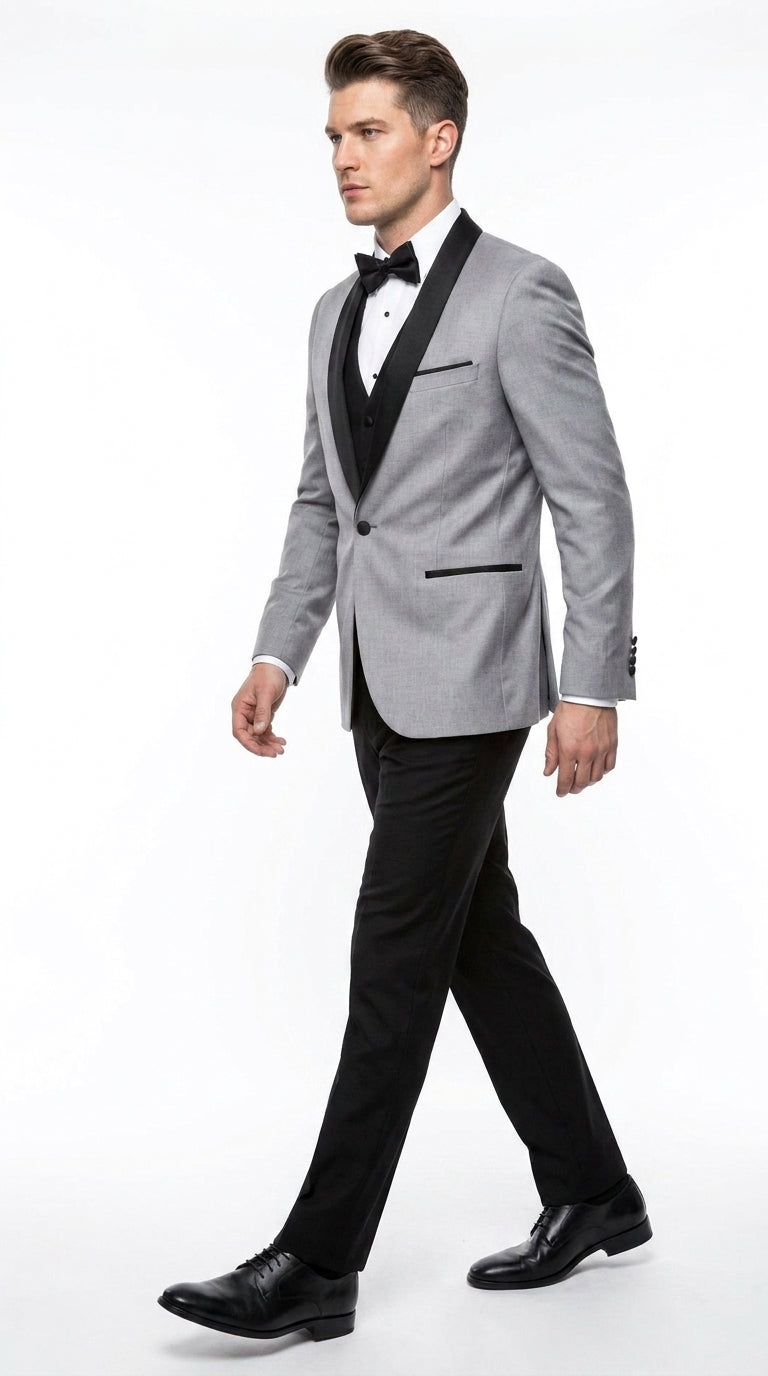 Men’s Grey and Black 3-Piece Prom Tuxedo – Vested Wedding Suit with Black Shawl Lapel