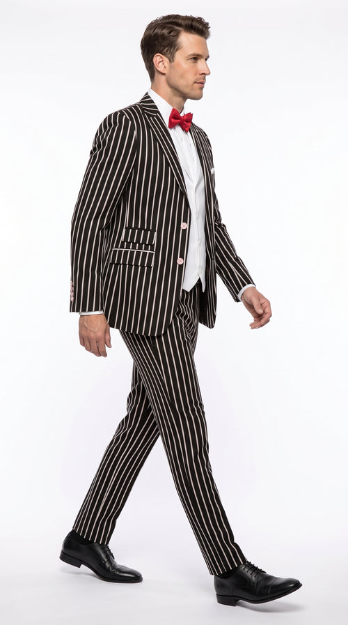 1920s Men’s Black Bold Pinstripe 3 Piece Gangster Suit – Vested Vintage Wedding & Formal Suit