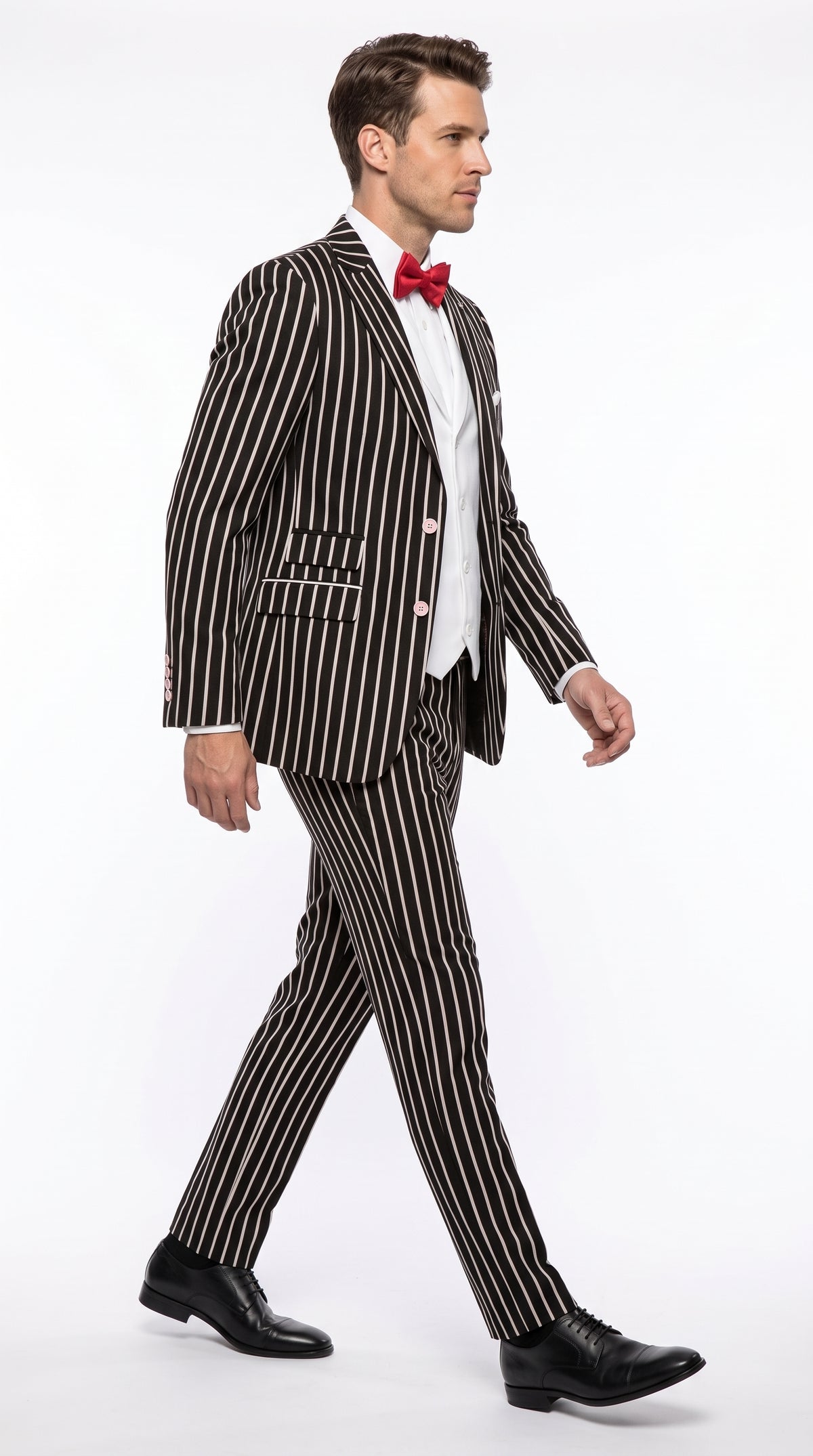 1920s Men’s Black Bold Pinstripe 3 Piece Gangster Suit – Vested Vintage Wedding & Formal Suit