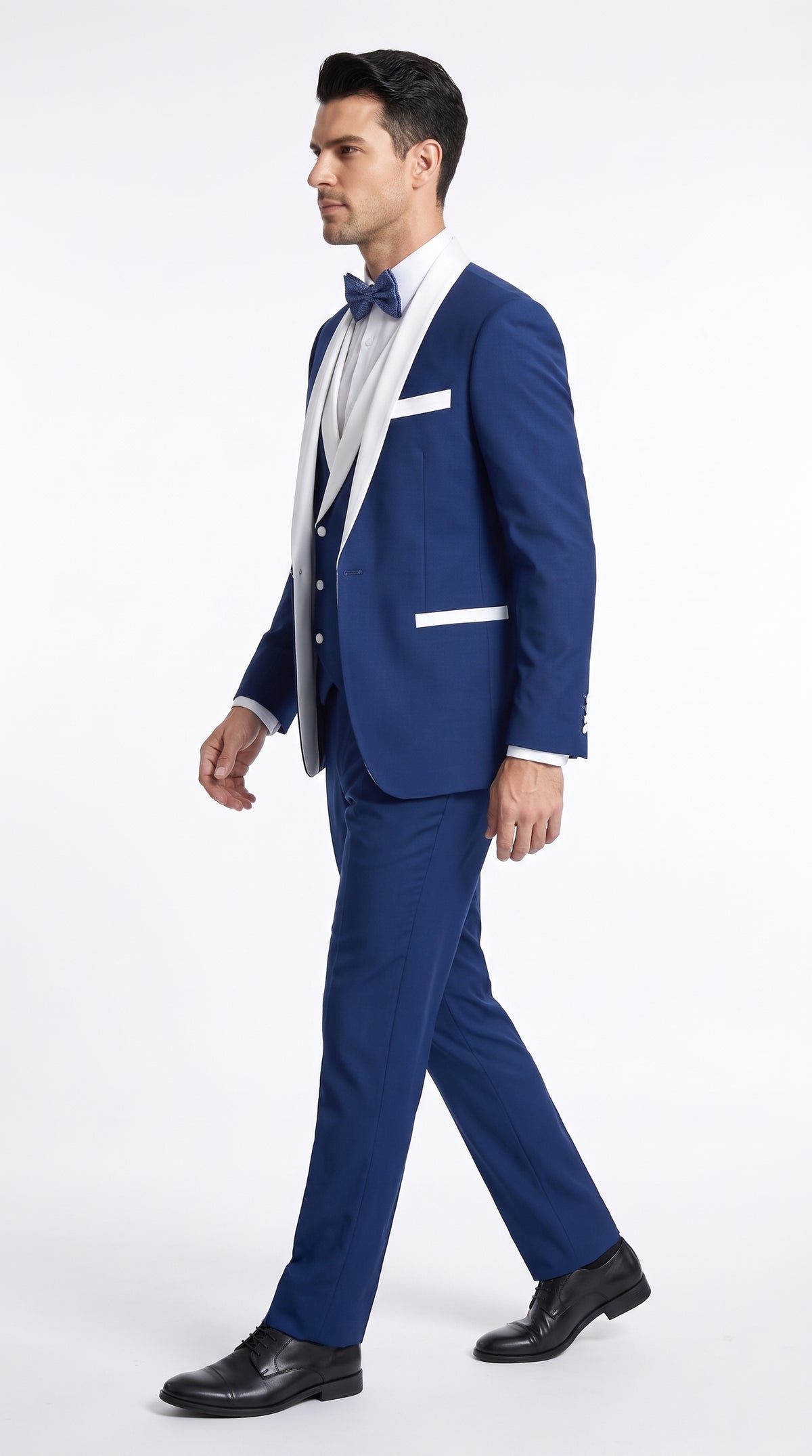 Men’s Royal Blue Tuxedo 3 Piece Suit with White Shawl Lapel – Double Breasted Vest Wedding & Prom Suit