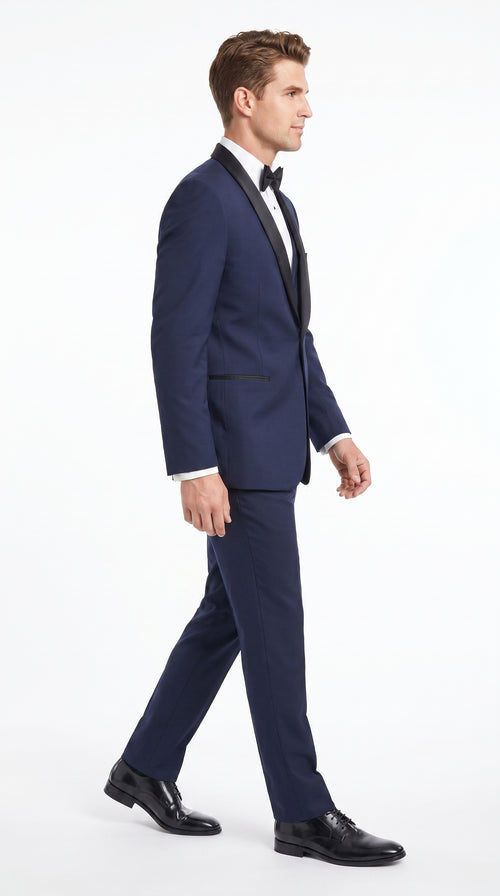 Designer Tuxedos Men’s Navy One Button Shawl Lapel Tuxedo Suit for Wedding, Prom and Formal Events