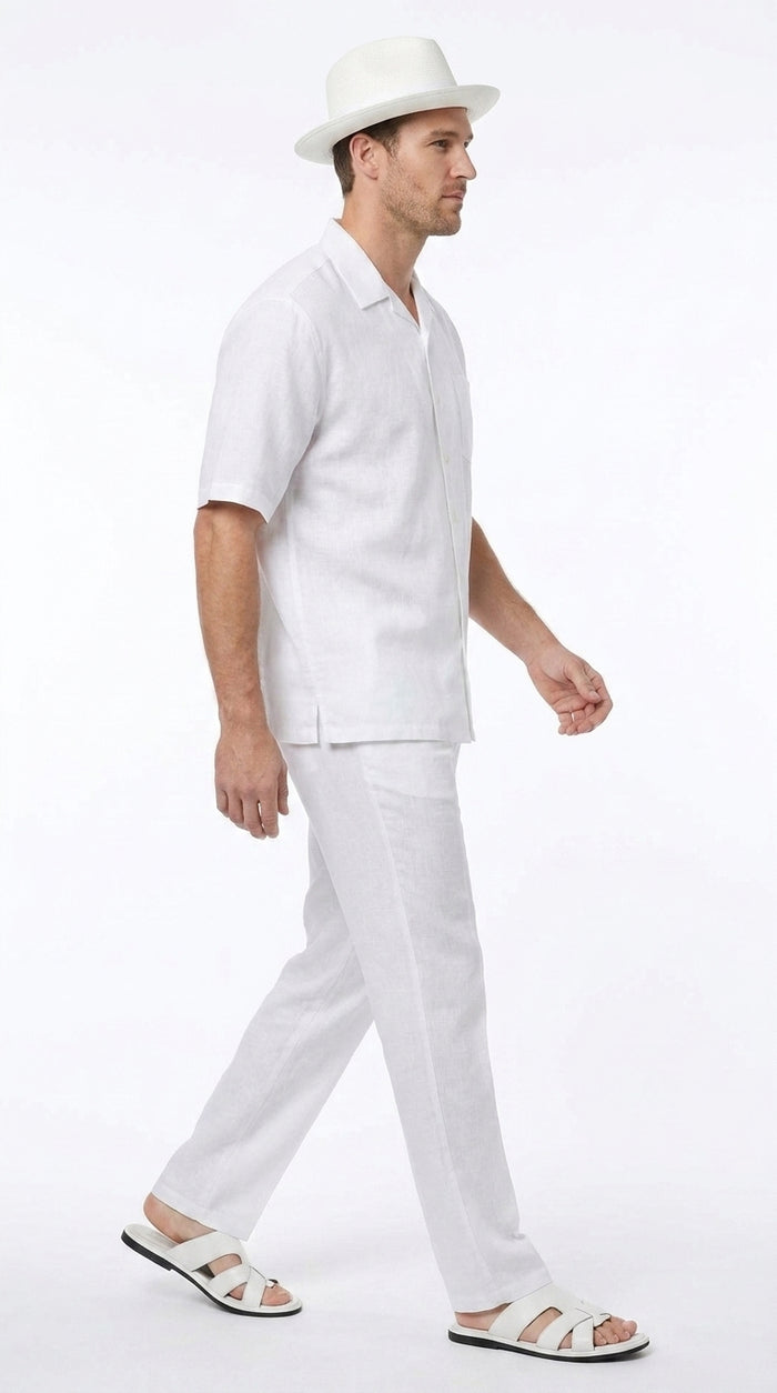 Men’s Big Size White Linen Walking Suit, Short Sleeve Shirt and Pants Casual Summer Set